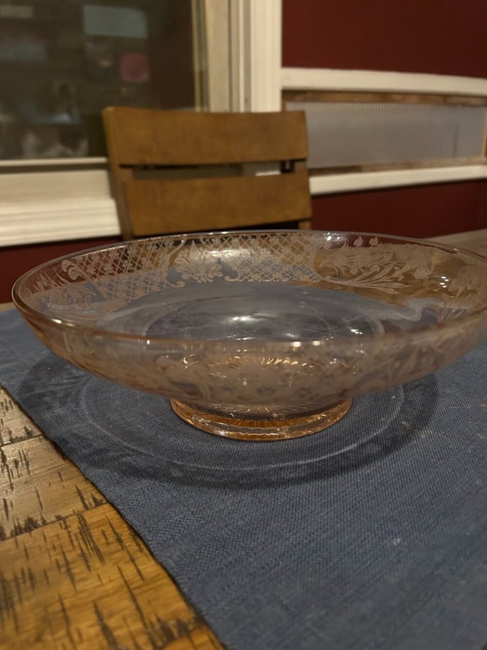 Vintage Amber  Etched Glass Footed Bowl   Carnival depression footed  w  etched